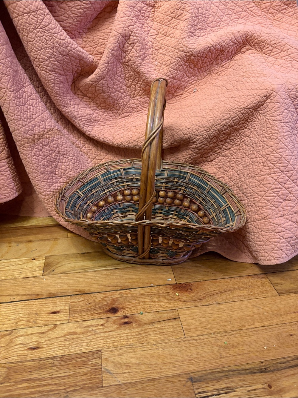 Vintage Handwoven Decorative Basket with Bead Green & Brown Made in Philippines